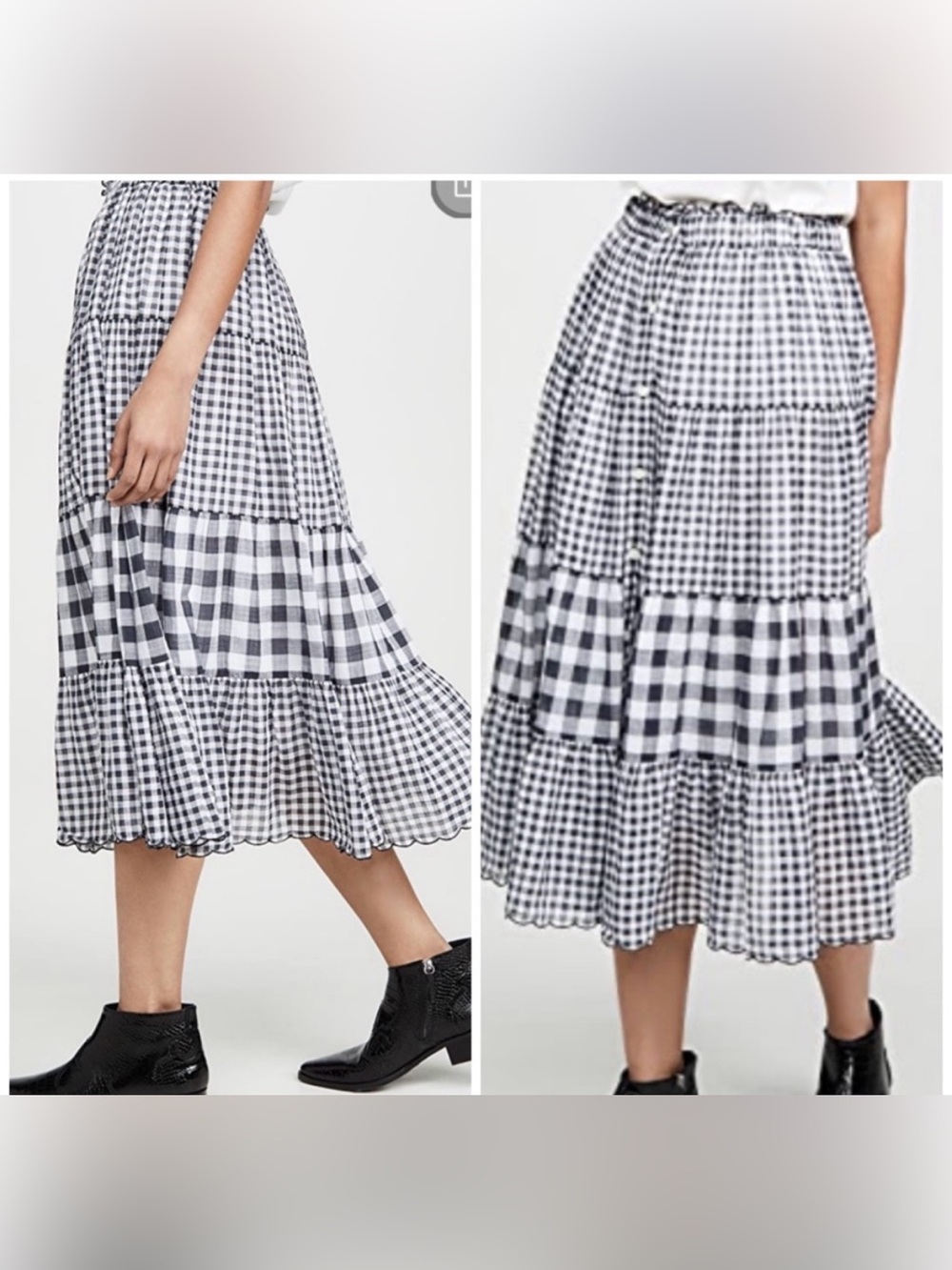 The GREAT. Gingham tiered midi skirt